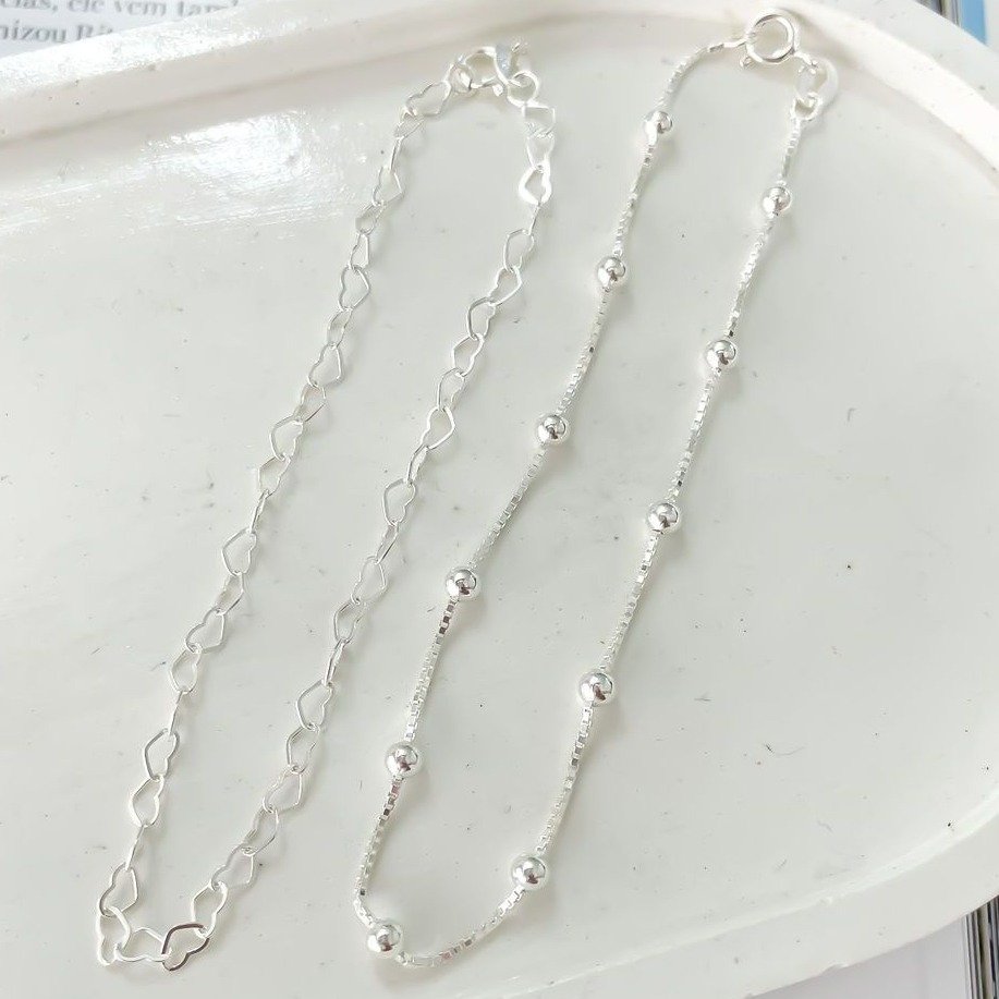 Kit Pulseiras de Prata 925 Coração e Bolinhas