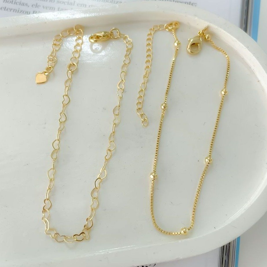 Kit Pulseiras Banhadas a Ouro 18K Coração e Bolinhas