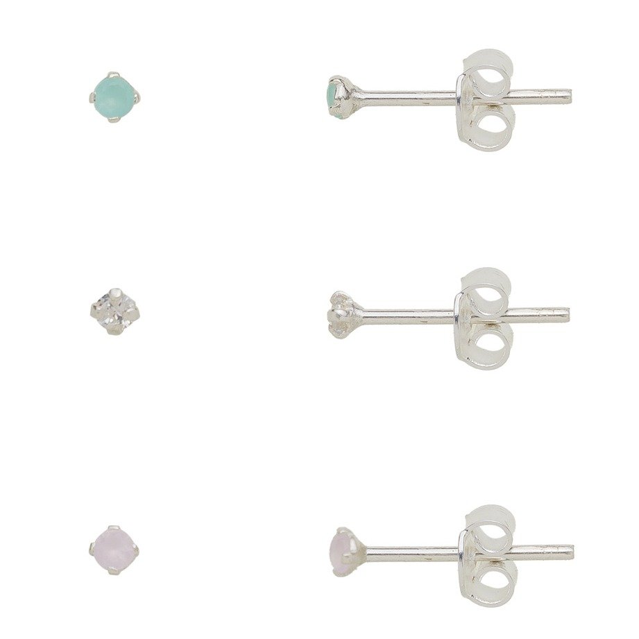 Trio de Brincos Zircônias Coloridas Leitosas 2mm Prata