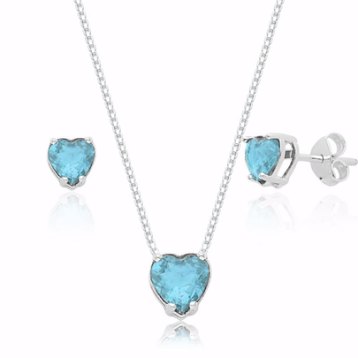Conjunto de Coração Zircônia Verde-mar em Prata 925
