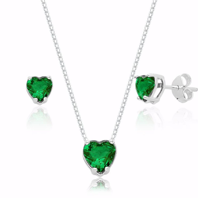 Conjunto de Coração Zircônia Verde Esmeralda Prata 925