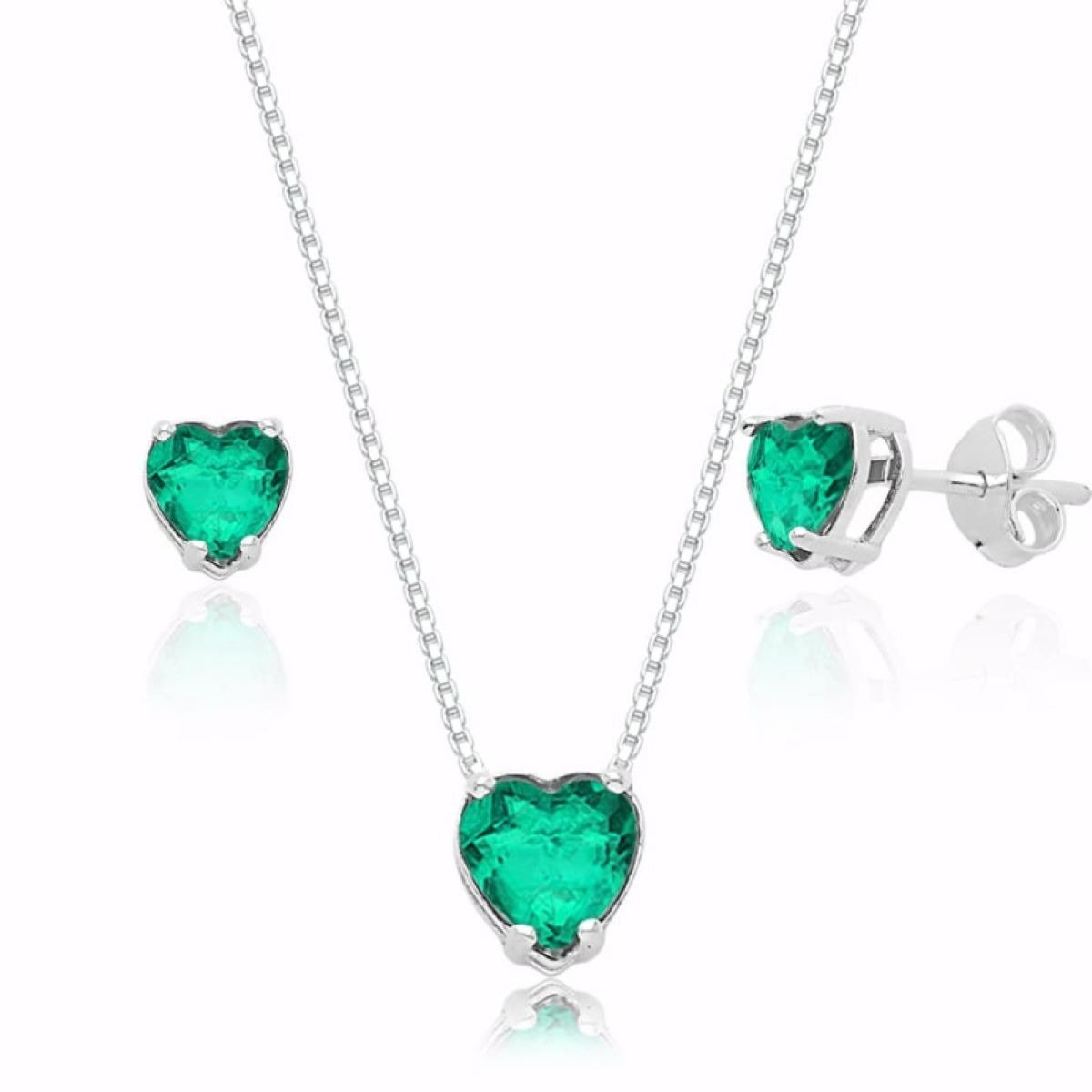 Conjunto de Coração Zircônia Verde-mar em Prata 925