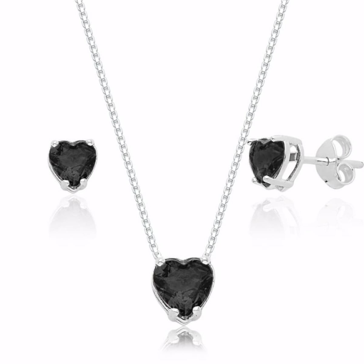 Conjunto de Coração com Zircônia Preta em Prata 925