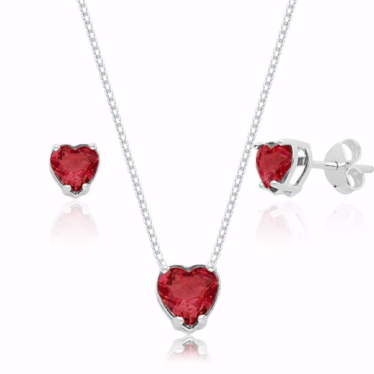 Conjunto de Coração com Zircônia Vermelha em Prata 925