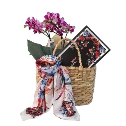 Kit Mimos Lenço Scarf Me, Orquídea na Sacola de Palha