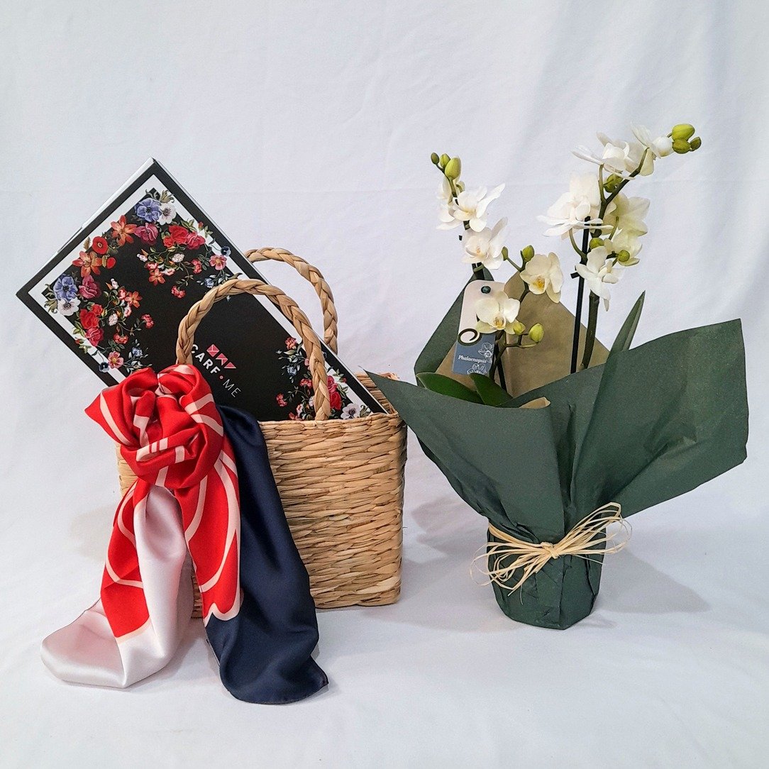 Kit Mimos Lenço Scarf Me, Orquídea na Sacola de Palha 