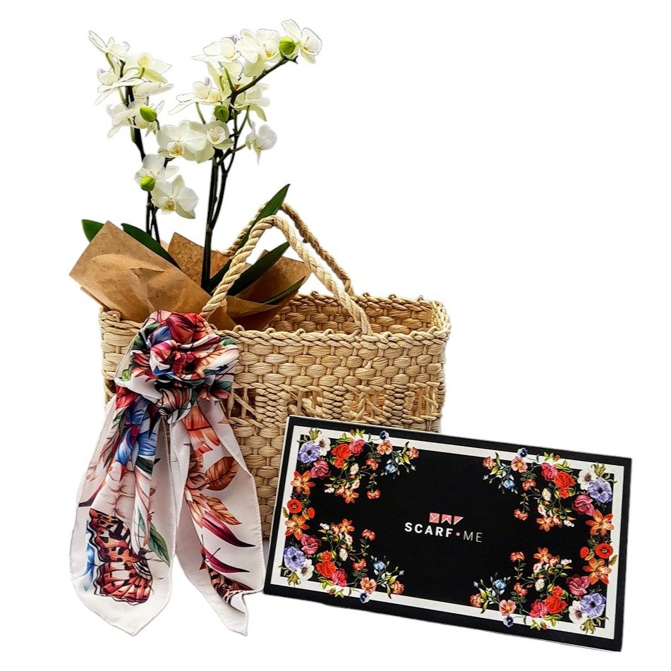 Kit Mimos Lenço Scarf Me, Orquídea e Sacola Palha 