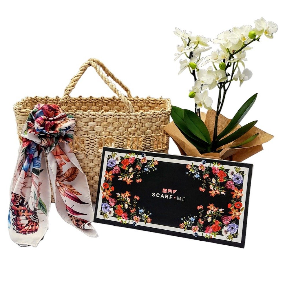 Kit Mimos Lenço Scarf Me, Orquídea e Sacola Palha 