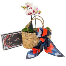 Kit Mimos Lenço Scarf Me, Orquídea e Sacola de Palha