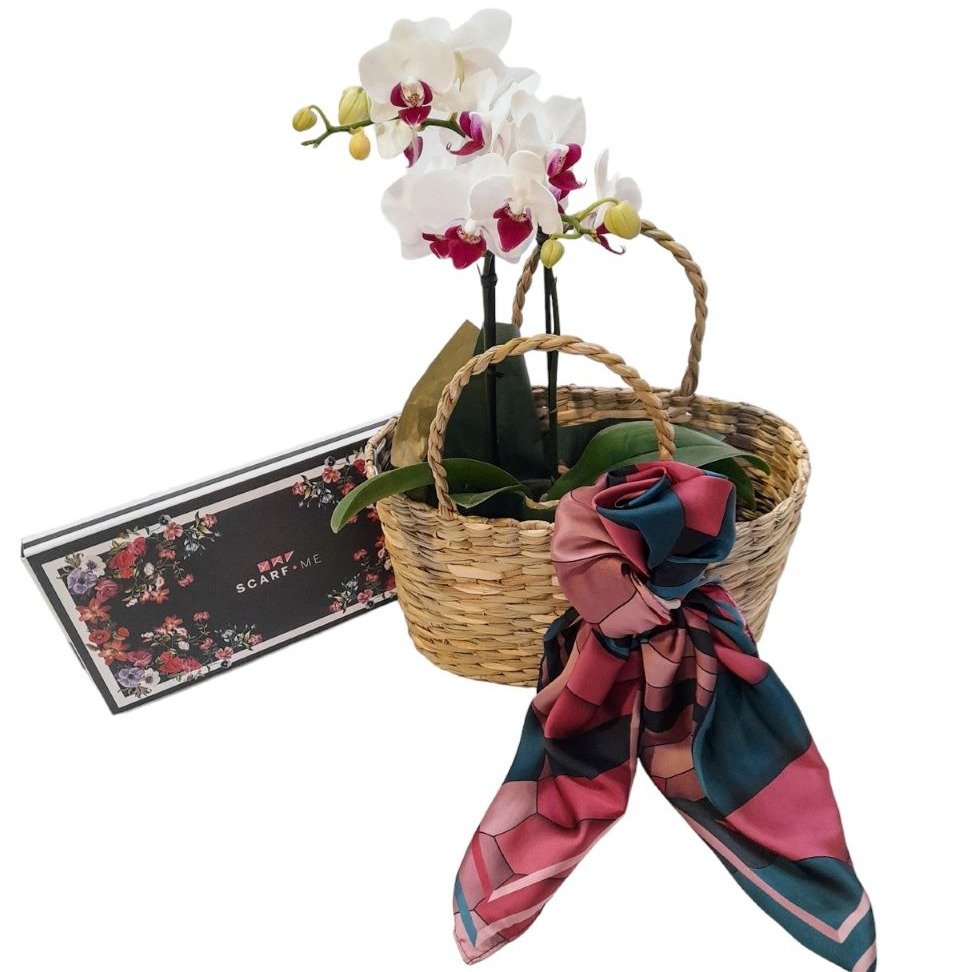 Kit Mimos Lenço Scarf Me, Orquídea e Sacola de Palha 