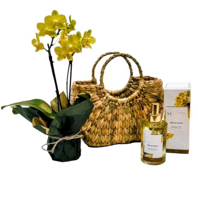 Kit Mimos Home Spray ,Orquídea e Bolsa de Palha 