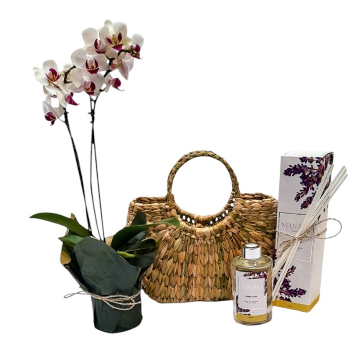 Kit Mimos Home Spray, Orquídea  e Bolsa de Palha