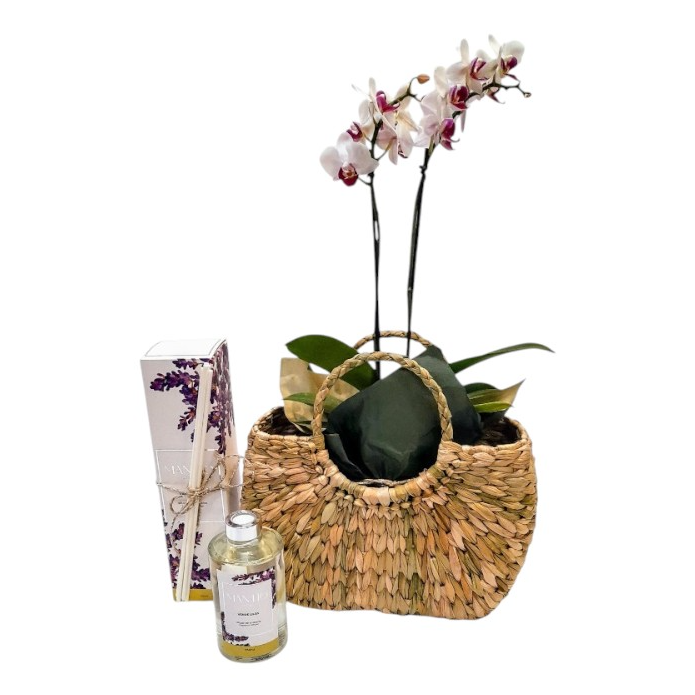 Kit Mimos Home Spray, Orquídea  e Bolsa de Palha