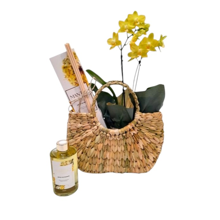 Kit Mimos Difusor Ambiente,Orquídea e Bolsa de Palha