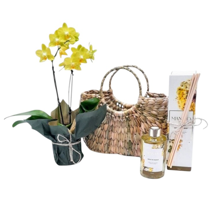 Kit Mimos Difusor Ambiente,Orquídea e Bolsa de Palha