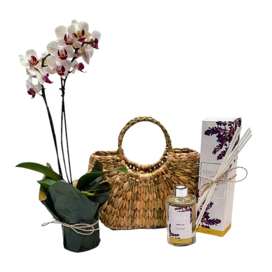 Kit Mimos Difusor Ambiente, Orquídea e Bolsa de Palha