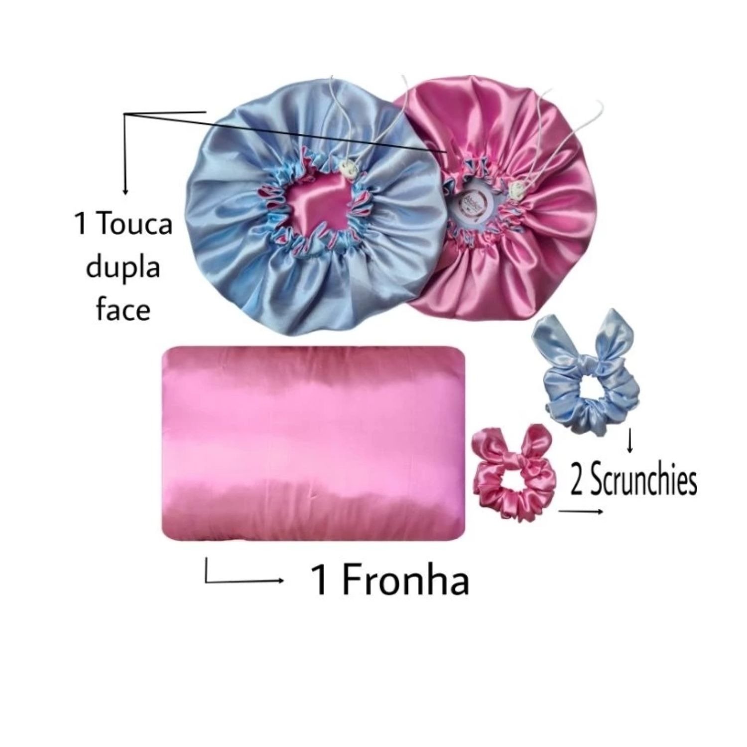 Kit Touca Cetim Antifrizz,1 Fronha e 2 Scrunchies