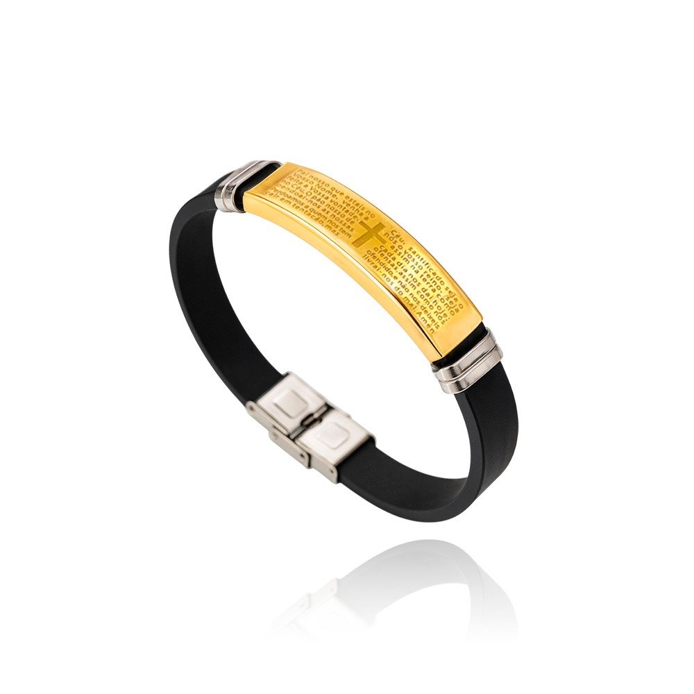 Pulseira Safra Gold Oração Pai Nosso em Aço