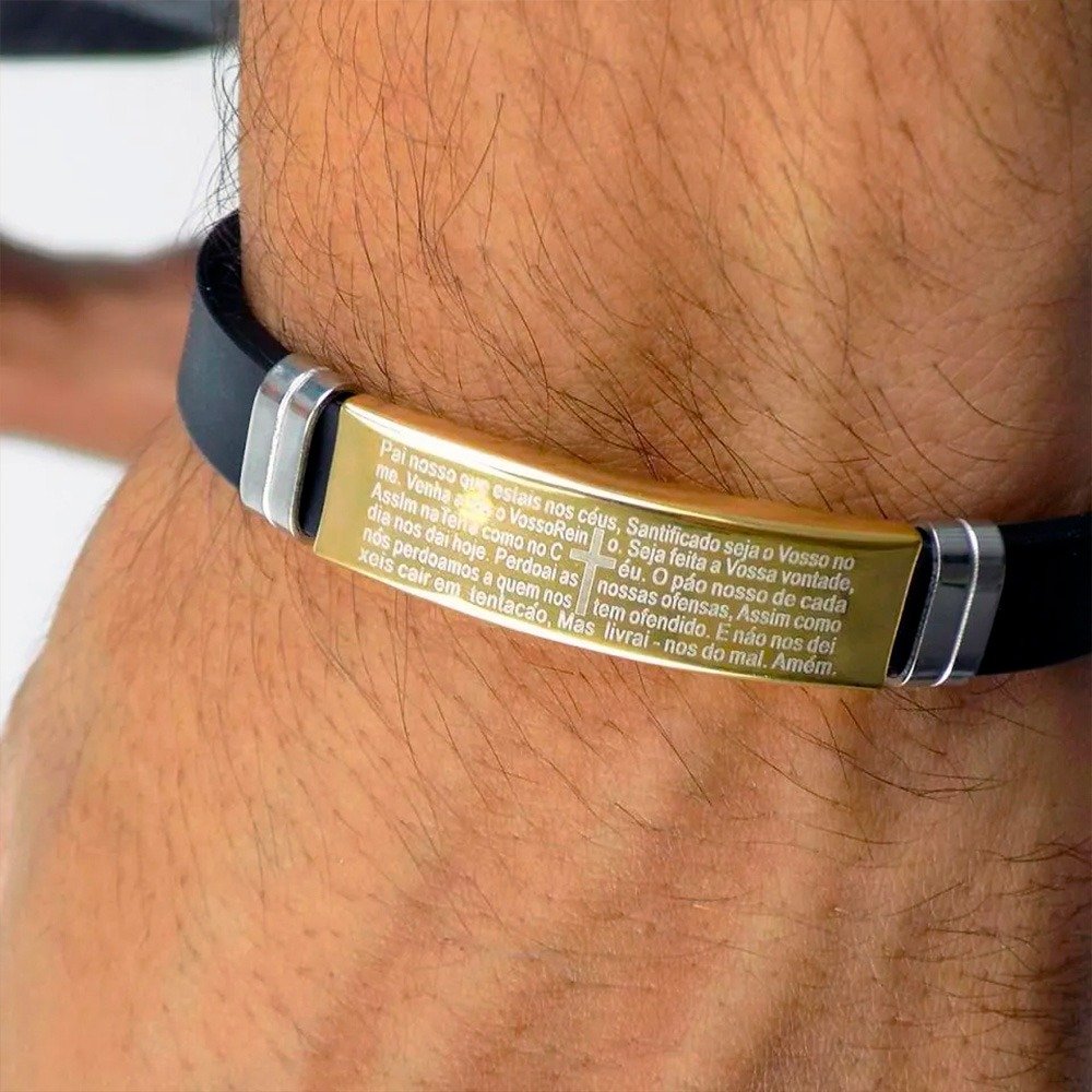 Pulseira Safra Gold Oração Pai Nosso em Aço