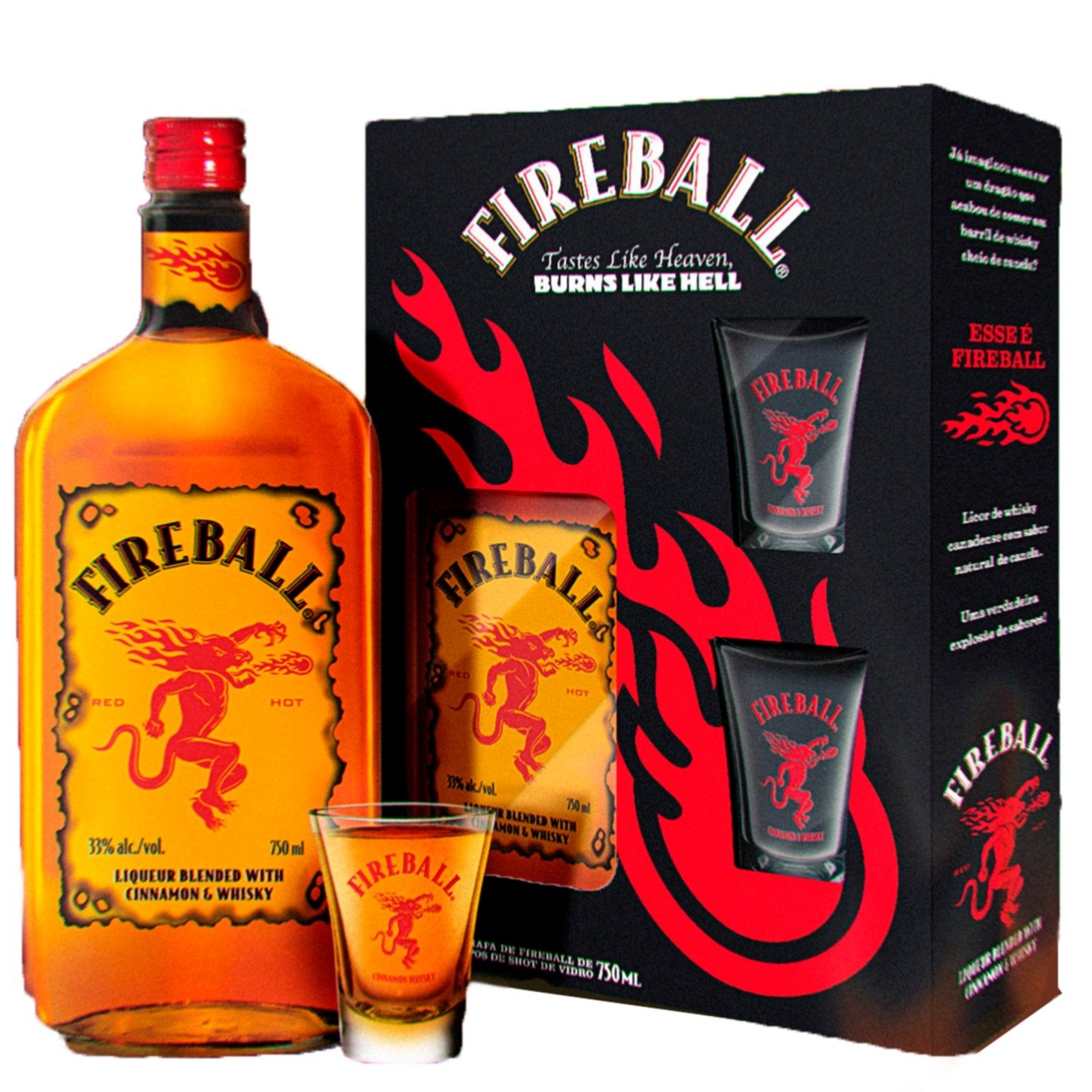 Kit Licor de Canela, Whisky Fireball 750ml e 2 Copos 