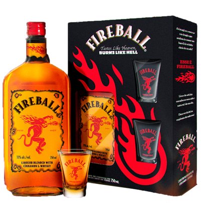 Kit Licor de Canela, Whisky Fireball 750ml e 2 Copos