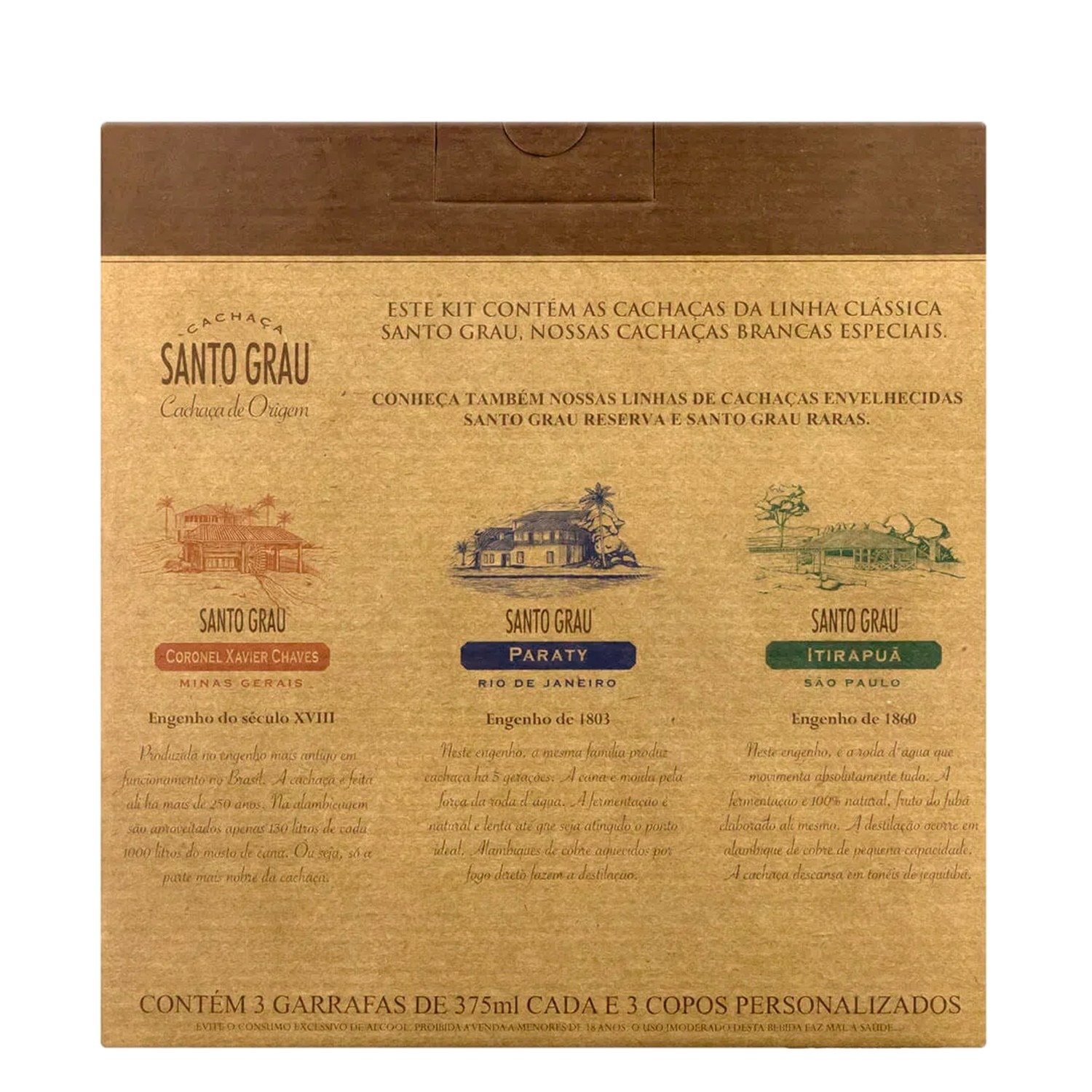 Kit Cachaça Santo Grau Clássicas 375ml + 3 Copos