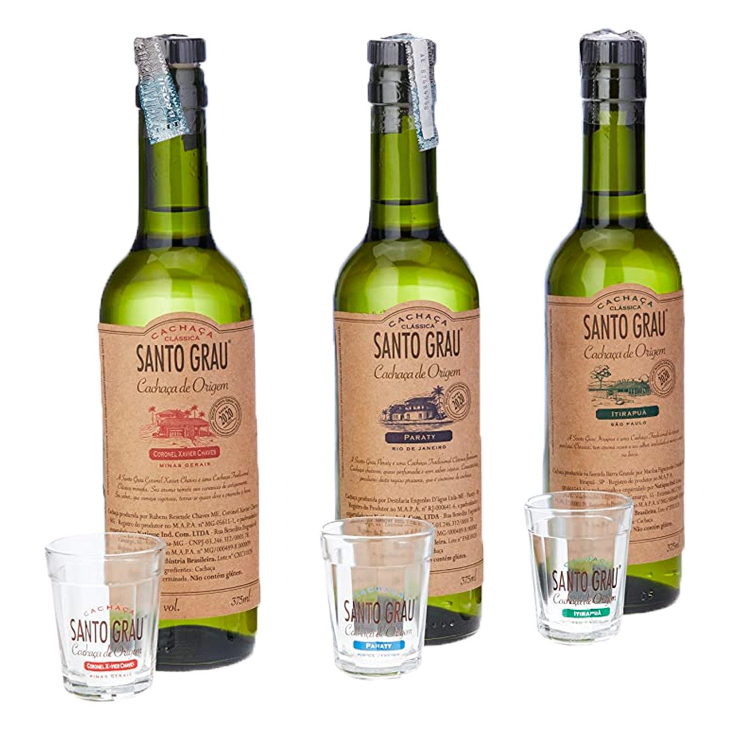 Kit Cachaça Santo Grau Clássicas 375ml + 3 Copos