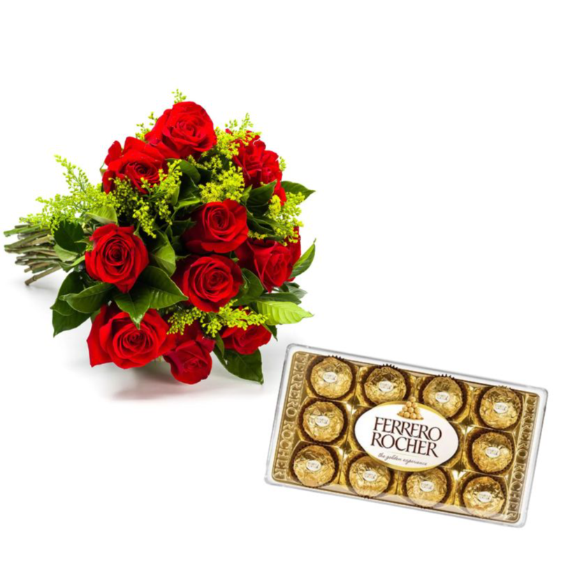 Buquê 10 Rosas e Bombom Ferrero Rocher 12 Unidades 